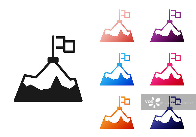 黑山与旗帜在顶部图标孤立在白色背景上。象征胜利或成功的概念。目标的成就。设置图标丰富多彩。向量图片素材