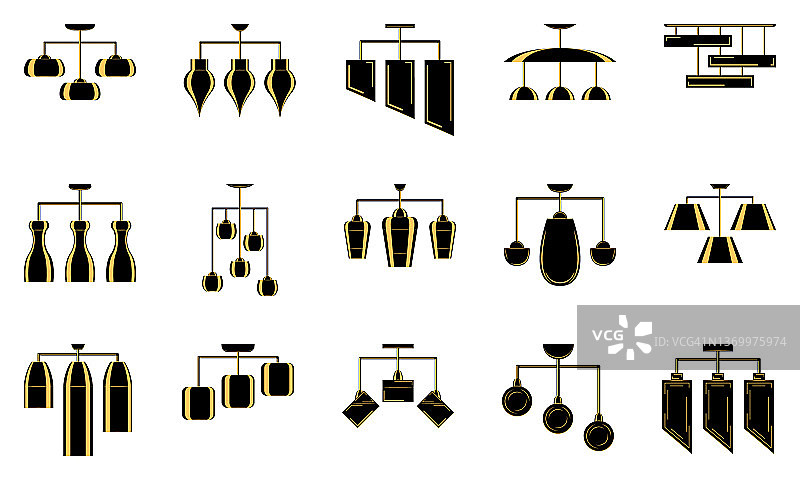 吊灯有三种不同形状的阴影，天花灯。室内照明。灯罩的设计。现代时尚的室内。一组矢量图标，平面的，孤立的图片素材