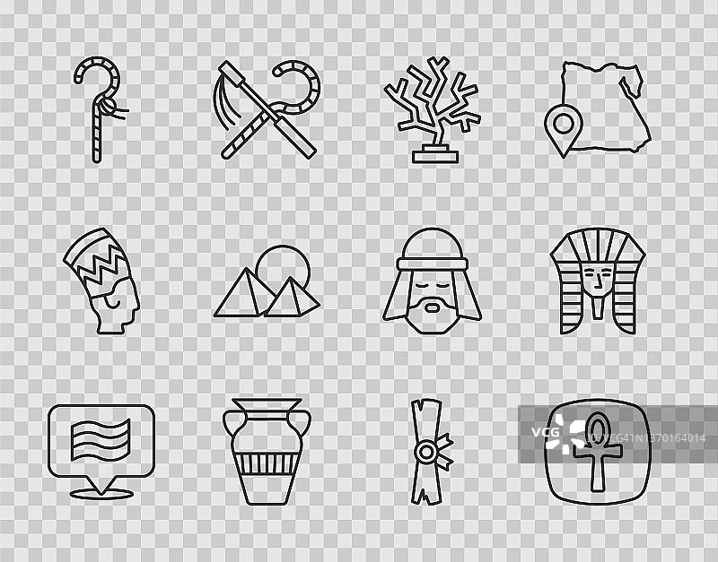 设置线旗的埃及，十字章，珊瑚，埃及花瓶，克鲁克，金字塔，纸莎草卷轴和法老的图标。向量图片素材