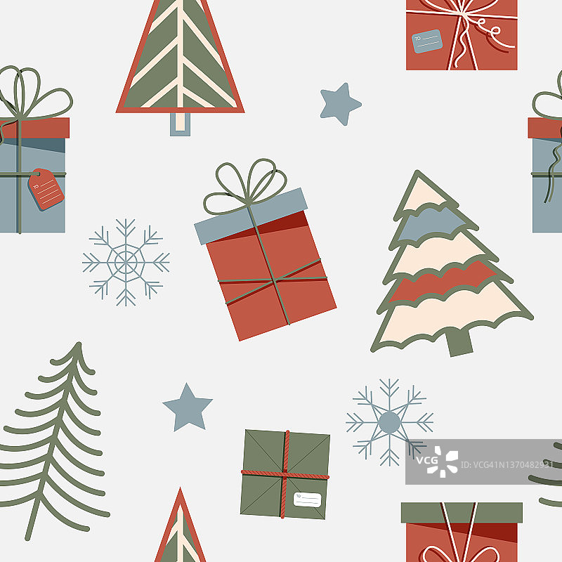 无缝的圣诞图案与树，礼物，星星和雪花。矢量插图。图片素材