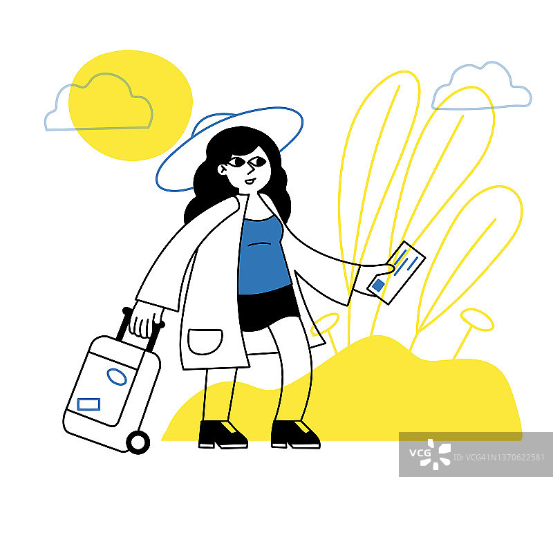 带着行李箱去度假的女人。旅行和休息。女孩的行李。抽象的自然背景。轮廓极简女性角色图片素材