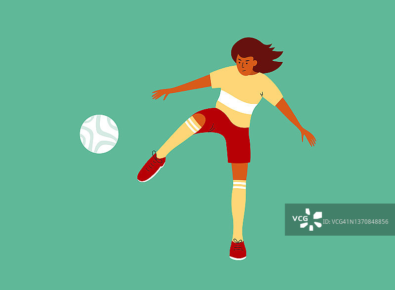 矢量插图的年轻女性足球运动员踢球在绿色足球场图片素材