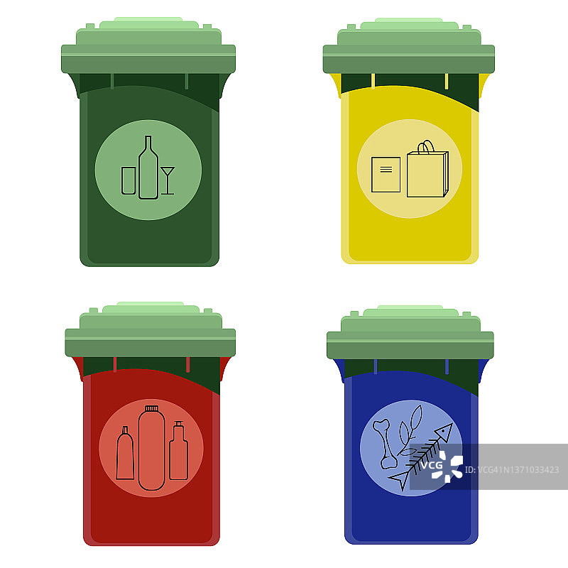 垃圾罐,容器。垃圾分类。生态学。孤立在白色背景上的矢量插图。图片素材