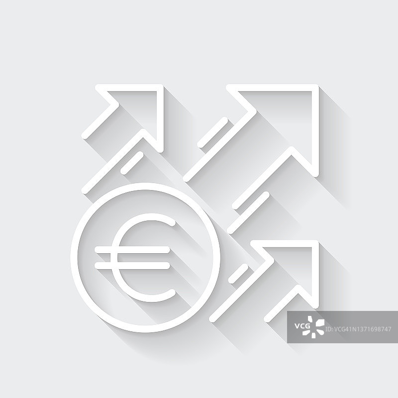 欧元增加。图标与空白背景上的长阴影-平面设计图片素材
