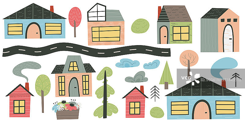现代斯堪的纳维亚风格的房子，配有道路和树木。有可爱的房子和烟囱屋顶的欧洲村庄。为儿童设计的一套小屋。平面矢量插图设计。图片素材