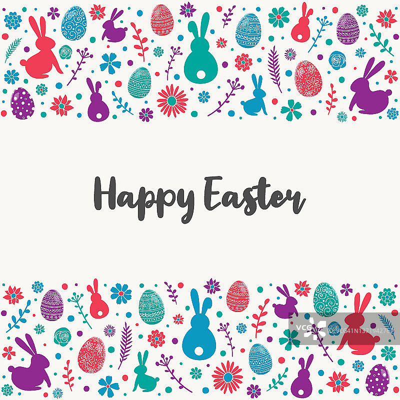 复活节的构图，色彩斑斓的兔子，蛋和花。贺卡。向量图片素材