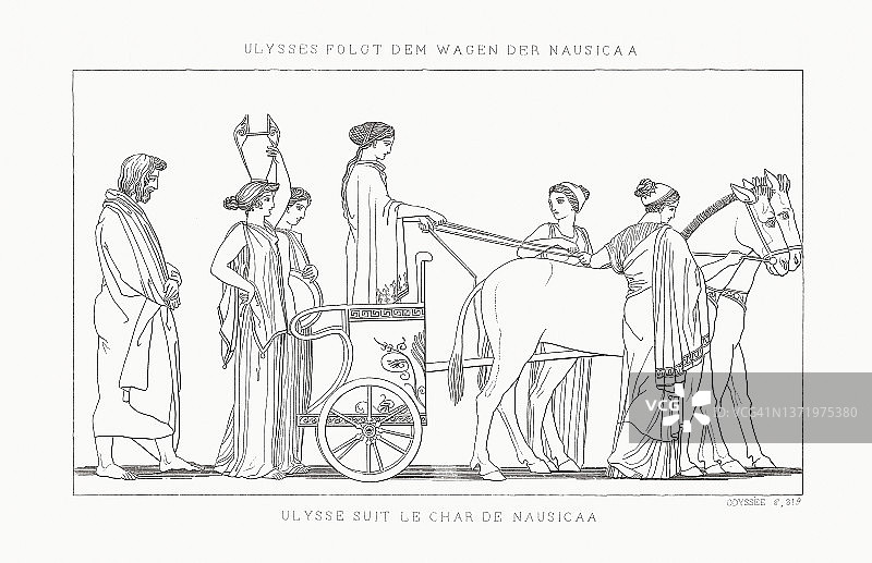 尤利西斯跟随瑙西卡(奥德赛)的汽车，钢铁雕刻，1833年图片素材
