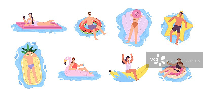 把人压在充气床垫和游泳圈上。女人漂浮和日光浴在火烈鸟和甜甜圈橡胶环向量集图片素材
