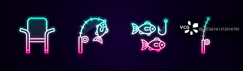 野营折叠椅，鱼竿和鱼，鱼钩和。发光的霓虹灯图标。向量图片素材
