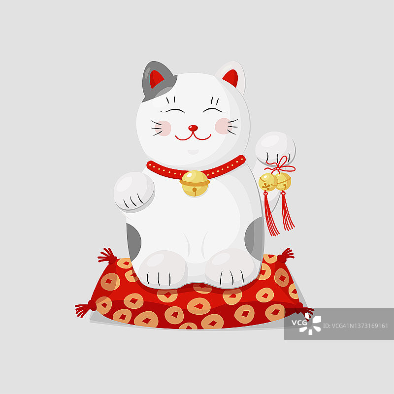 Maneki neko猫和铃铛的白色背景。卡通矢量插图。平的风格。有趣的玩具。传统亚洲孤立对象图片素材