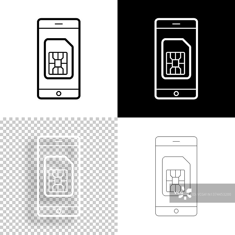 带SIM卡的智能手机。图标设计。空白，白色和黑色背景-线图标图片素材
