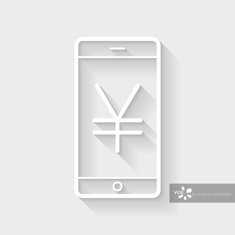 带有Yen sign的智能手机。图标与空白背景上的长阴影-平面设计图片素材