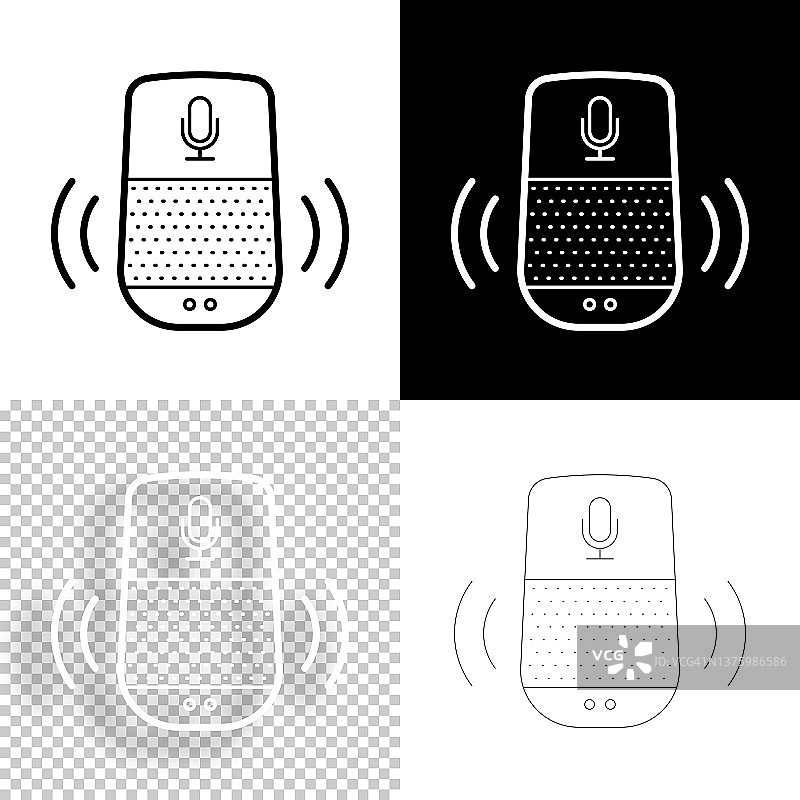 语音助手-智能音箱。图标设计。空白，白色和黑色背景-线图标图片素材