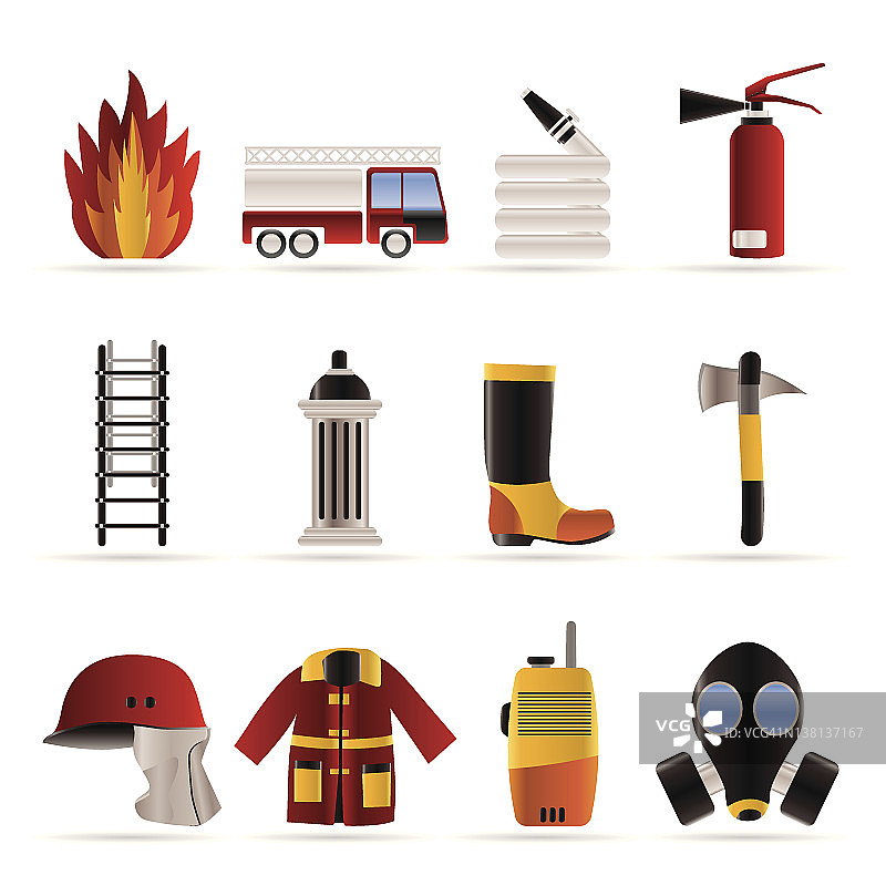 彩色的消防队和消防设备图标图片素材
