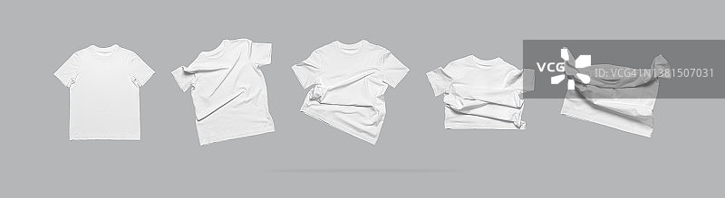 白色飞行棉t恤孤立的灰色背景。干净的白色t恤，男女皆宜。男女皆宜的t恤。品牌服装正面视图。为你的设计制作模型。经典白色t恤图片素材