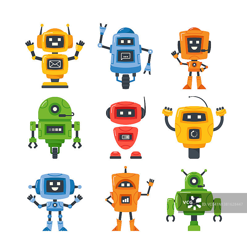 一组迷你机器人，机器人或聊天机器人字符，带有友好的面孔的半机械人。人工智能机器人图片素材