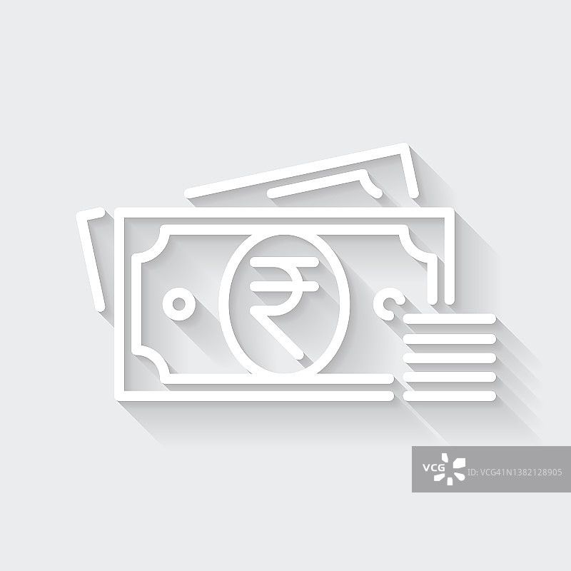 印度卢比——现金。图标与空白背景上的长阴影-平面设计图片素材