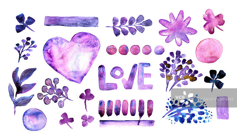 各种水彩斑点，斑点，植物，花在紫罗兰色孤立在白色背景上。水彩画不同形式形状的爱情主题图片素材