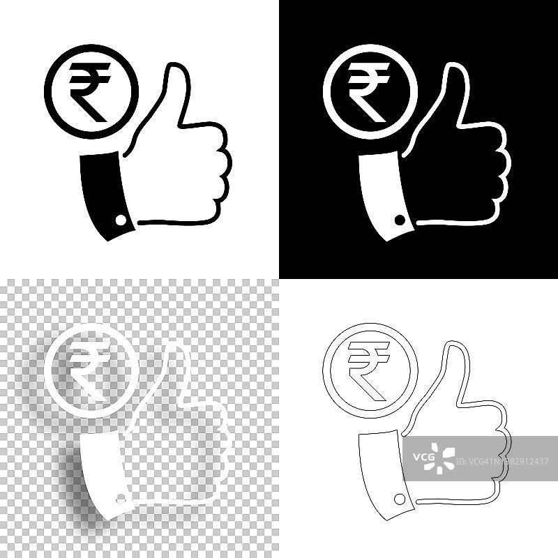 竖起大拇指的印度卢比硬币。图标设计。空白，白色和黑色背景-线图标图片素材