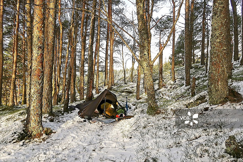 苏格兰奥西恩湖森林中的野外帐篷图片素材