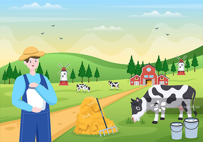 农民正在挤牛奶生产或获取牛奶与绿色草地或农场在插图平坦的风格图片素材
