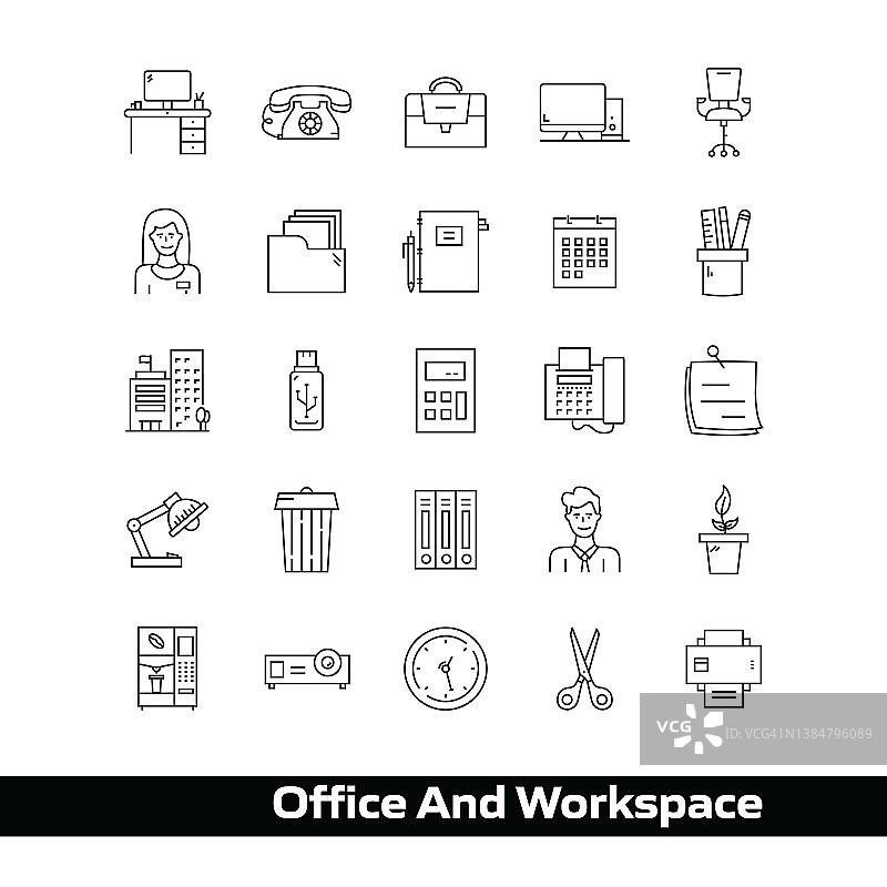 办公室和工作空间矢量绘制图标在48px网格，1px笔画宽度。信息图形、移动和网络等。图片素材