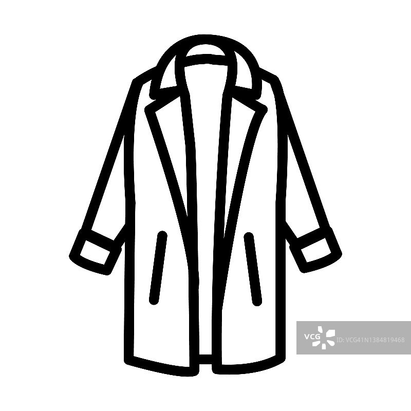 来自时装系列的女性外套图标。薄线性女性外套，女性，夹克轮廓图标孤立在白色背景上。线向量女性外套标志，象征网络和移动。图片素材