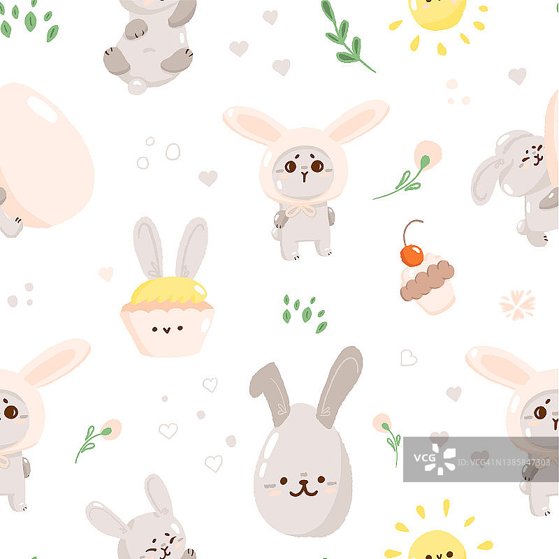 概念可爱复活节兔子无缝图案，春节横幅，兔子蛋寻找图标，卡通兔子涂鸦矢量插图，纹理背景。图片素材