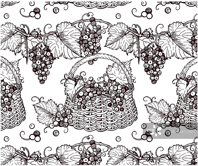 一串串葡萄的素描图案与叶子在篮子孤立在白色背景上。线条艺术酒水果图片素材