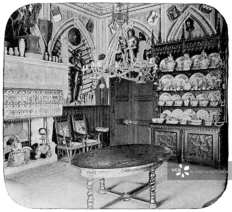 德国特雷克廷豪森莱茵斯坦城堡的餐厅——19世纪图片素材