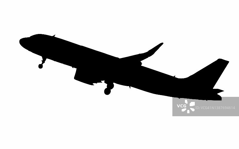 一架飞机在白色背景上起飞的剪影矢量插图。图片素材