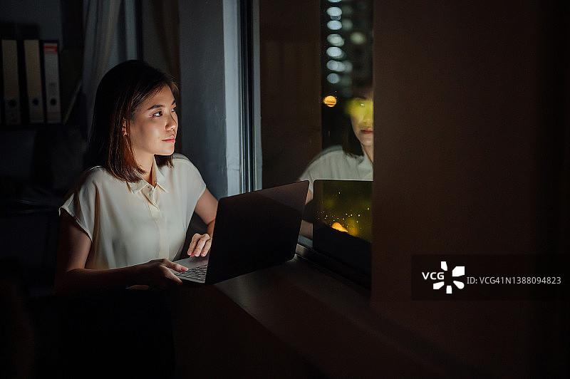 这张照片拍摄的是一位年轻的亚洲女商人，她在工作的深夜使用笔记本电脑。图片素材