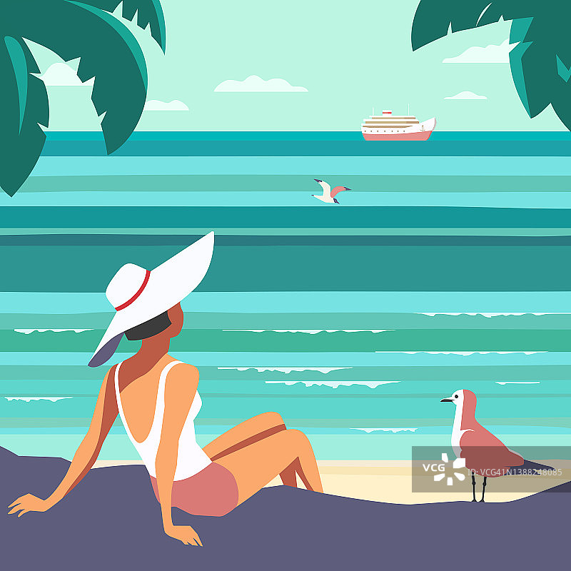 女性在海边沙滩旅游海报上放松图片素材