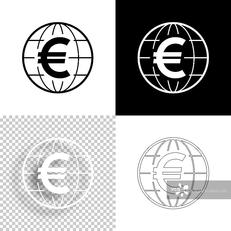 全球欧元。图标设计。空白，白色和黑色背景-线图标图片素材