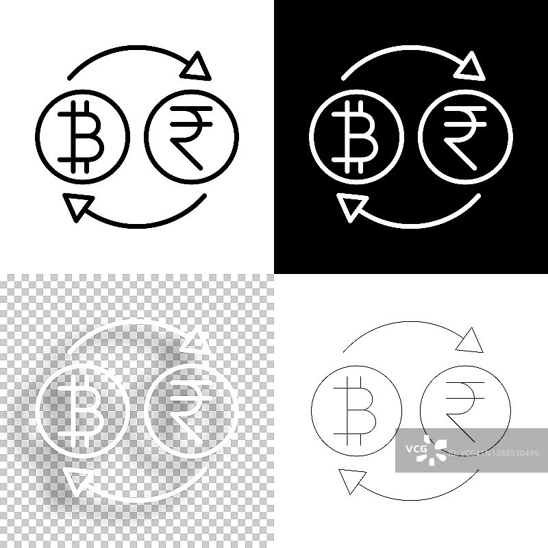 货币兑换-比特币印度卢比。图标设计。空白，白色和黑色背景-线图标图片素材