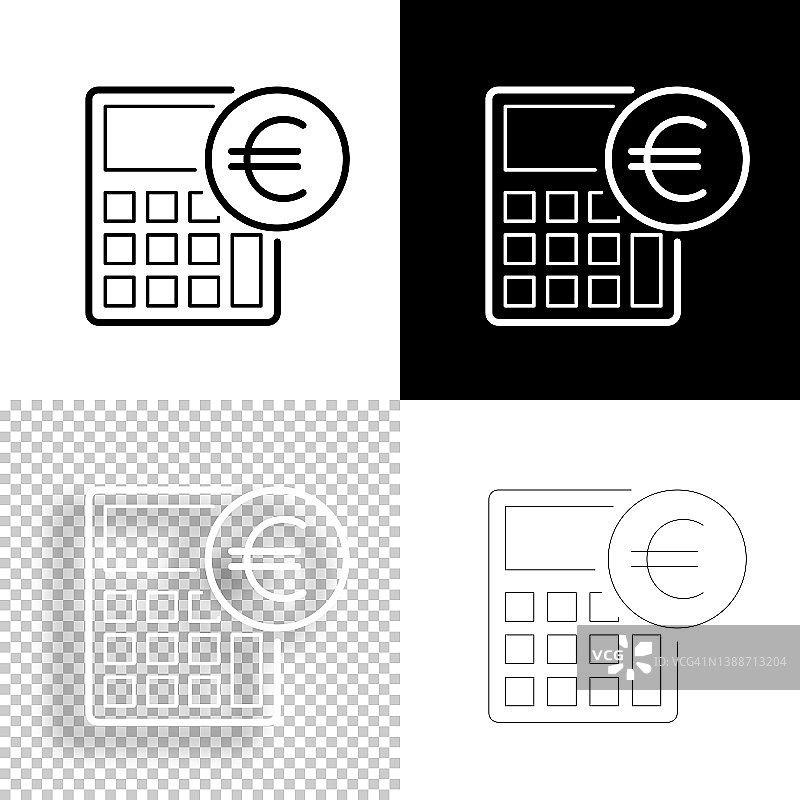 计算器与欧元符号。图标设计。空白，白色和黑色背景-线图标图片素材