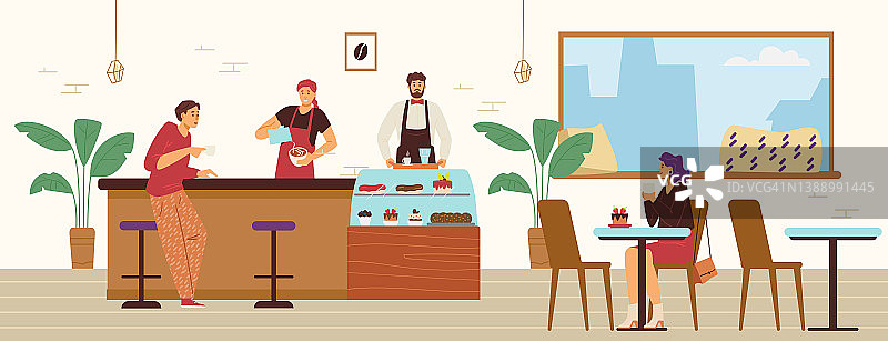 舒适的现代咖啡馆与顾客和咖啡师，平面矢量插图。图片素材