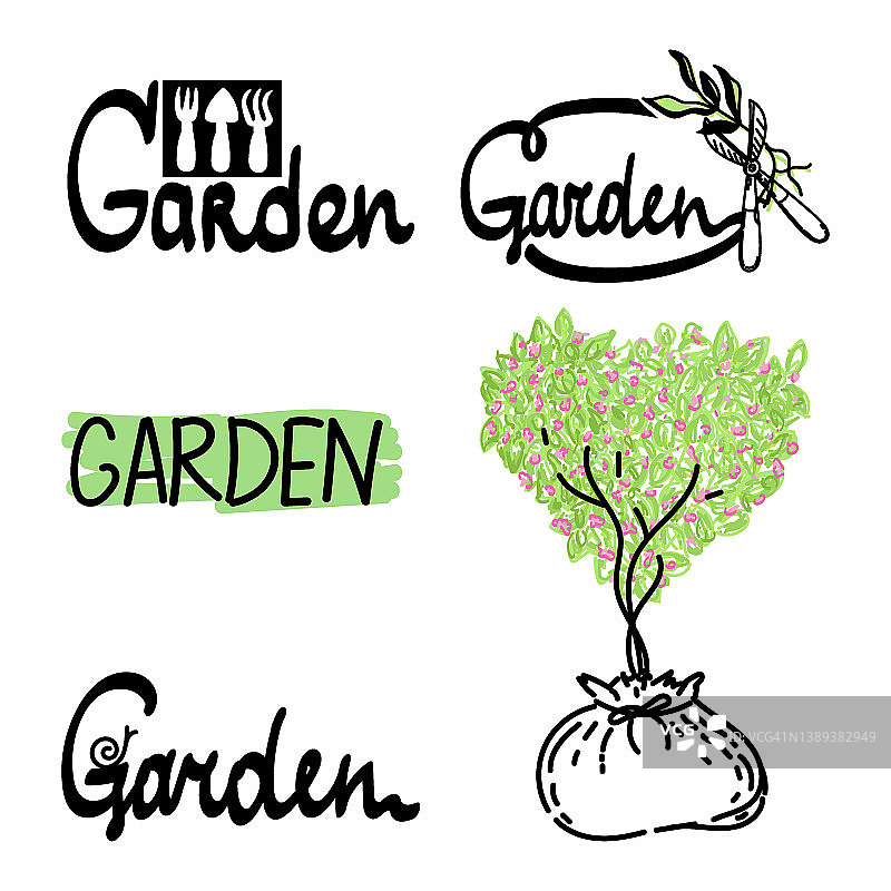一组花园的标志。简单的线性矢量风格徽标，图标和标志。程式化的花园配件，蜗牛和树在一个袋子。图片素材