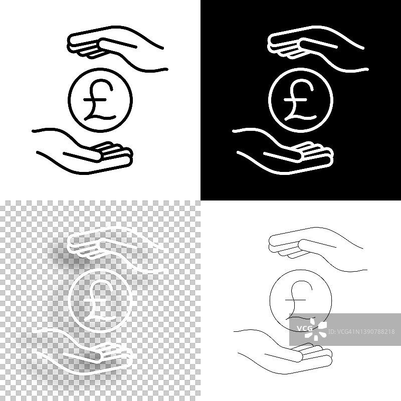 手握一英镑硬币。图标设计。空白，白色和黑色背景-线图标图片素材