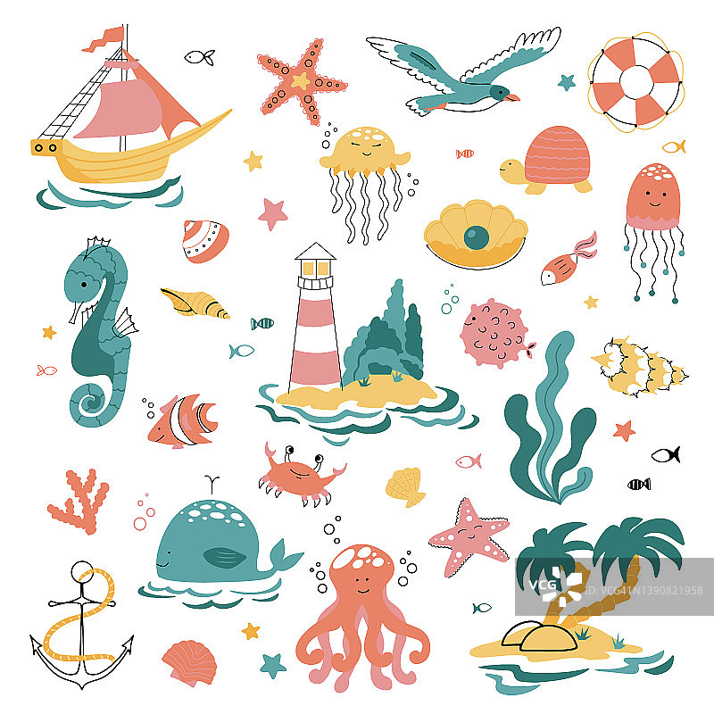 以大海、海洋和海洋生物为主题的大型涂鸦。儿童矢量插图图片素材