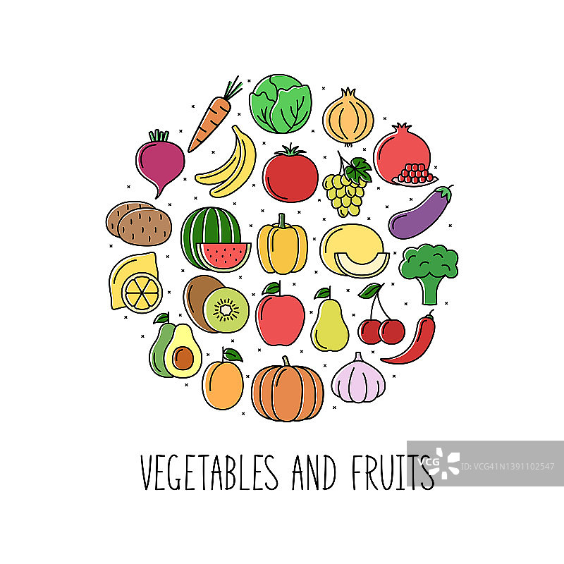 圆形横幅与彩色蔬菜，水果和浆果图标在线性风格。设计市场和商店，矢量插图图片素材