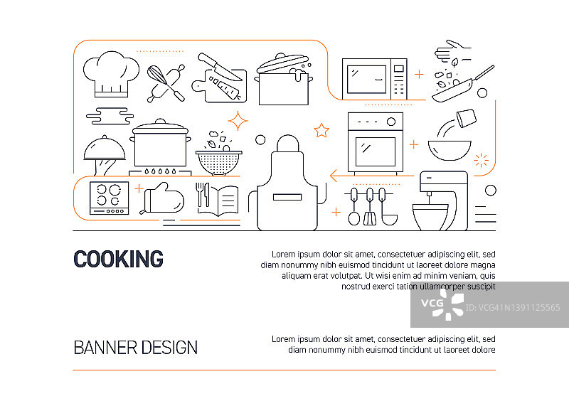 烹饪相关的矢量旗帜设计概念，与图标的现代线条风格图片素材