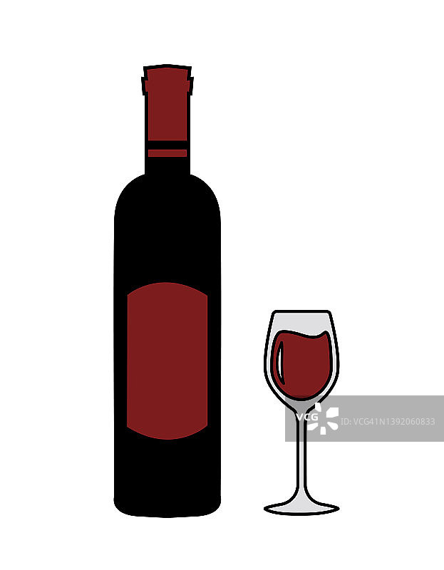 一瓶红酒和一个杯子。不干胶、贴花、酒精瓶模板。图片素材