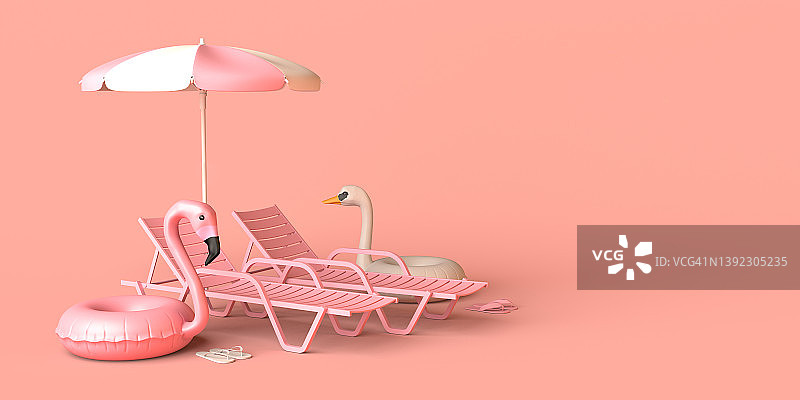 暑假概念伞，玩躺椅和火烈鸟和天鹅漂浮。副本的空间。3 d演示。图片素材