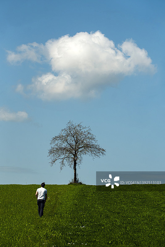 一个人躲在树和云后面。图片素材