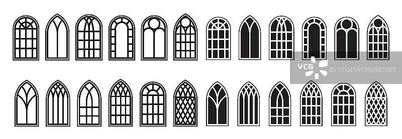 哥特式窗户轮廓设置。教堂老式彩色玻璃框架的剪影。传统欧洲建筑元素。向量图片素材