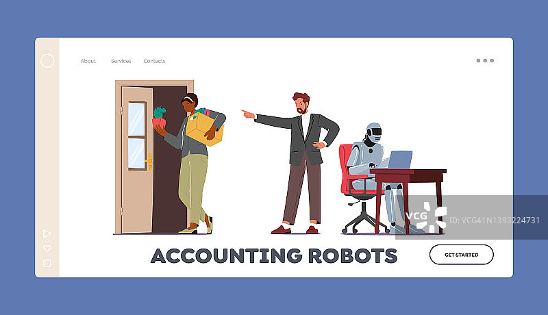 会计机器人登陆页面模板。电子人取代了人的工作。机器人工业，人工智能概念图片素材