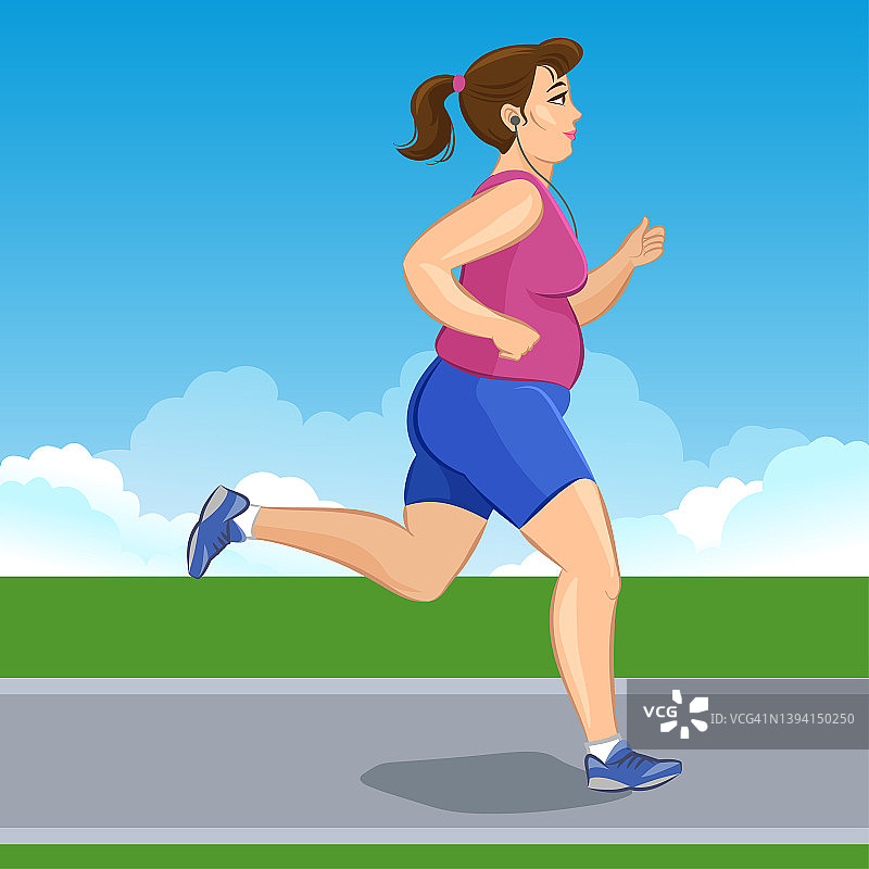 有活力的胖年轻女子慢跑，减肥有氧训练。矢量插图。图片素材
