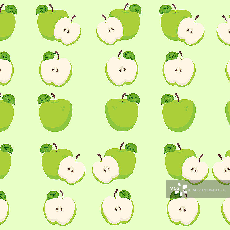 无缝青苹果水果图案整个和一半图片素材