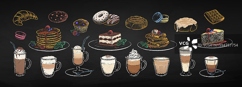 粉笔画插图的咖啡杯和甜点图片素材